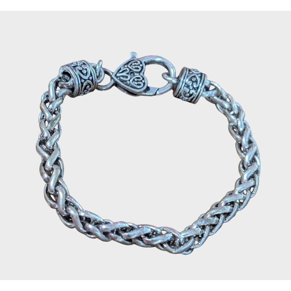Vintage Silver Wheat Chain Bracelet Heart Clasp Filigree Ends Boho Woven Link